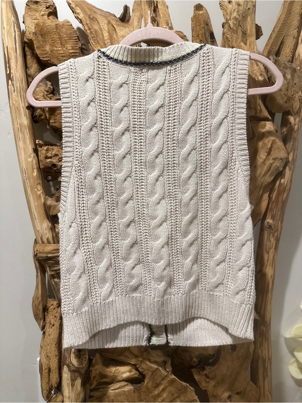Jessica Simpson Cream Cable-Knit V-Neck Sweater Vest with Navy Trim - Picture 4 of 4